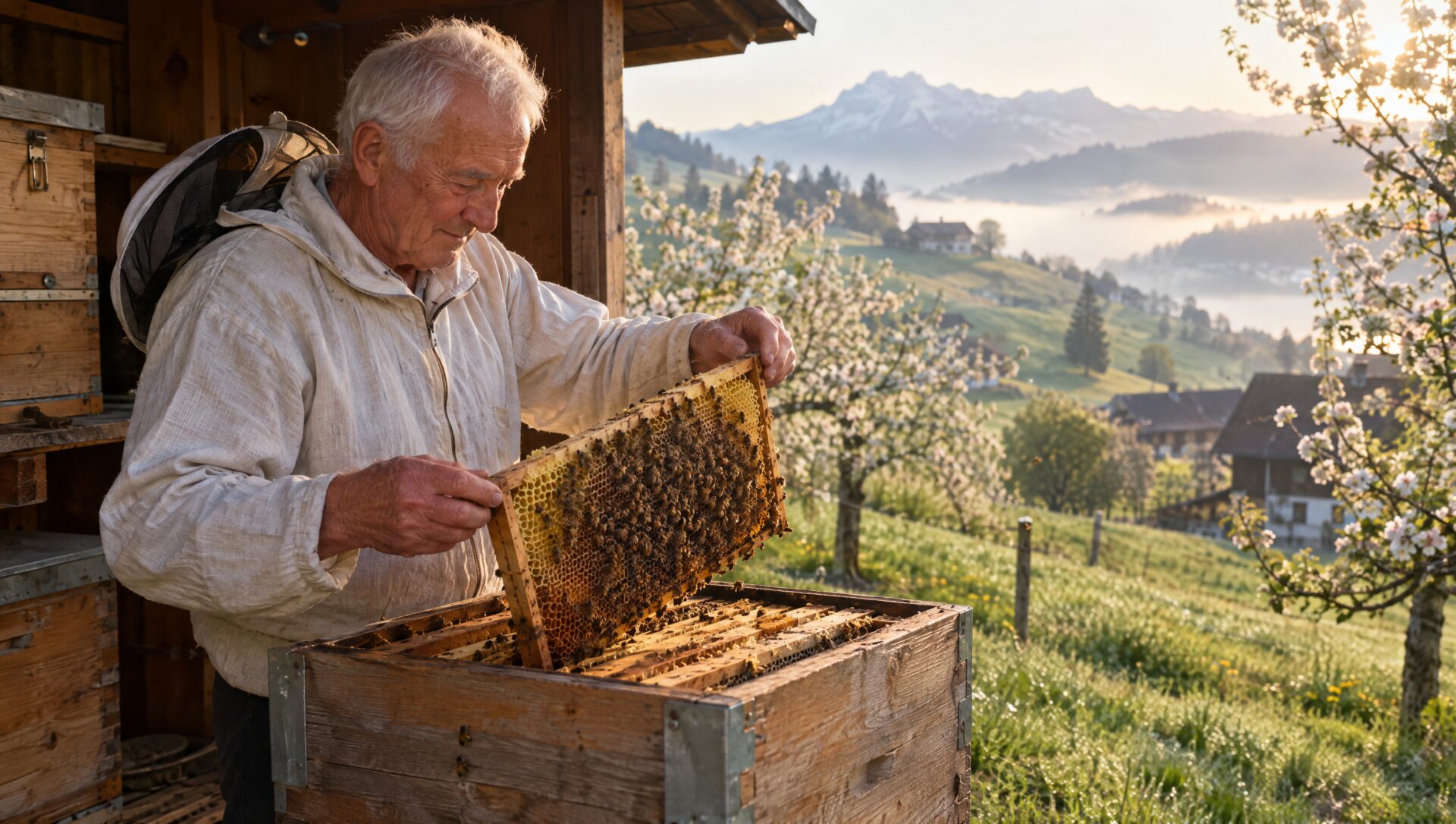 Ein Imker um die siebzig hebt am frühen Morgen eine Wabe aus einem Holzkasten, dahinter blühende Obstbäume und Hügel.