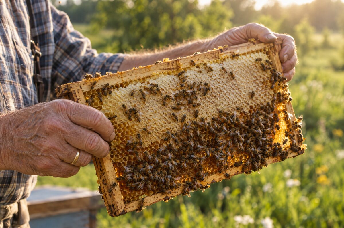 Die Hände eines älteren Mannes halten eine Wabe voller Bienen ins Morgenlicht.