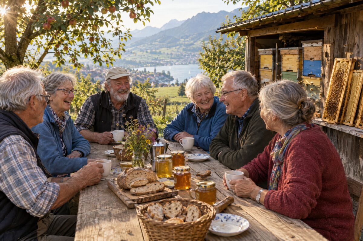 Sechs Pensionierte sitzen lachend an einem Holztisch vor dem Bienenhaus, auf dem Tisch Honiggläser und Brot.