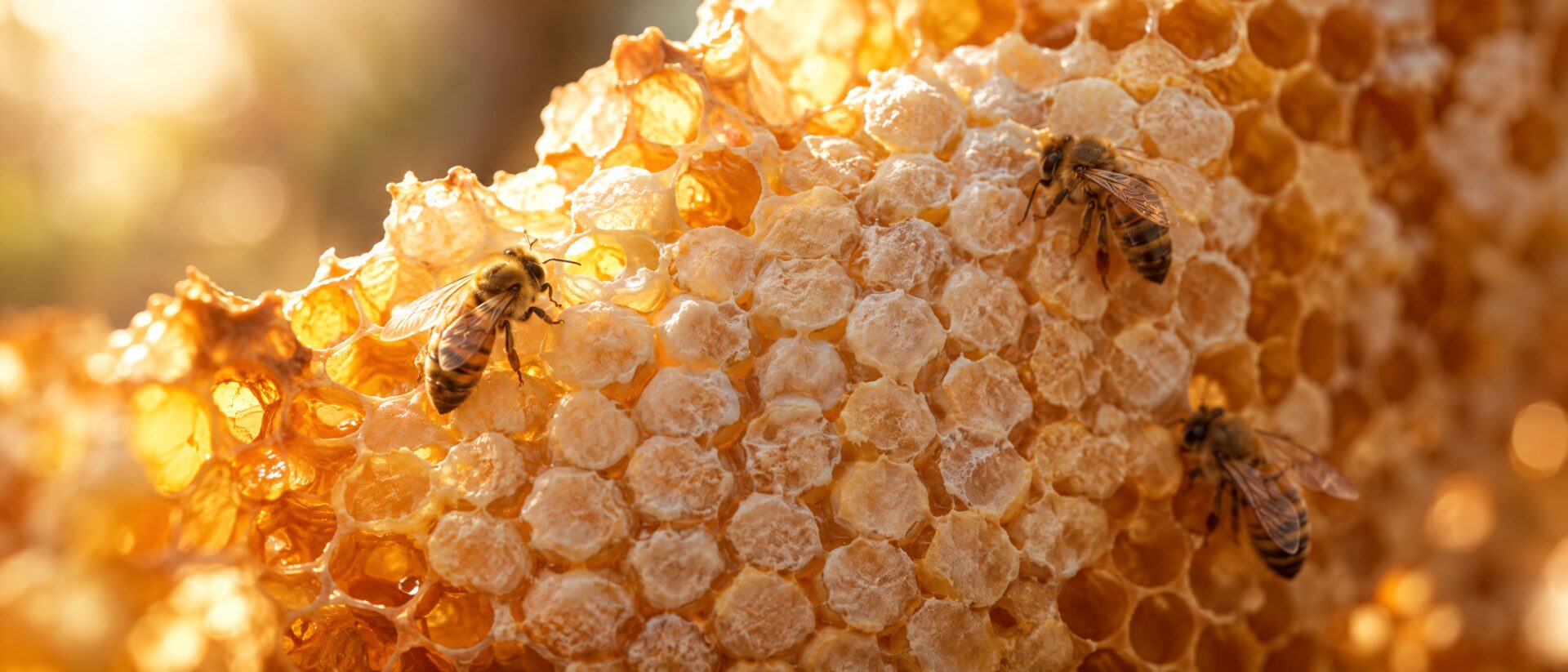 Nahaufnahme einer goldenen Honigwabe mit einzelnen Bienen im Gegenlicht.