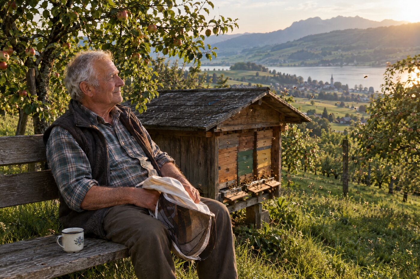 Ein älterer Mann sitzt zufrieden auf einer Holzbank vor einem kleinen Bienenhaus, im Hintergrund ein See und Hügel.